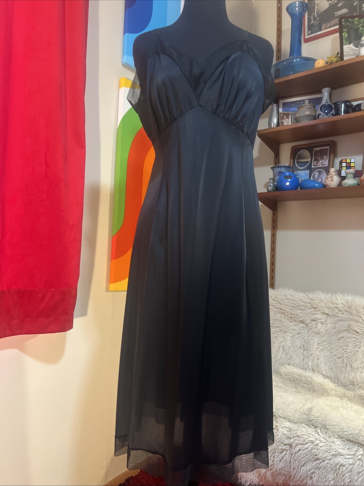 Vtg 1960’s Van Raalte Silky Nylon Chiffon Slip Dress 38 Adonis Black USA