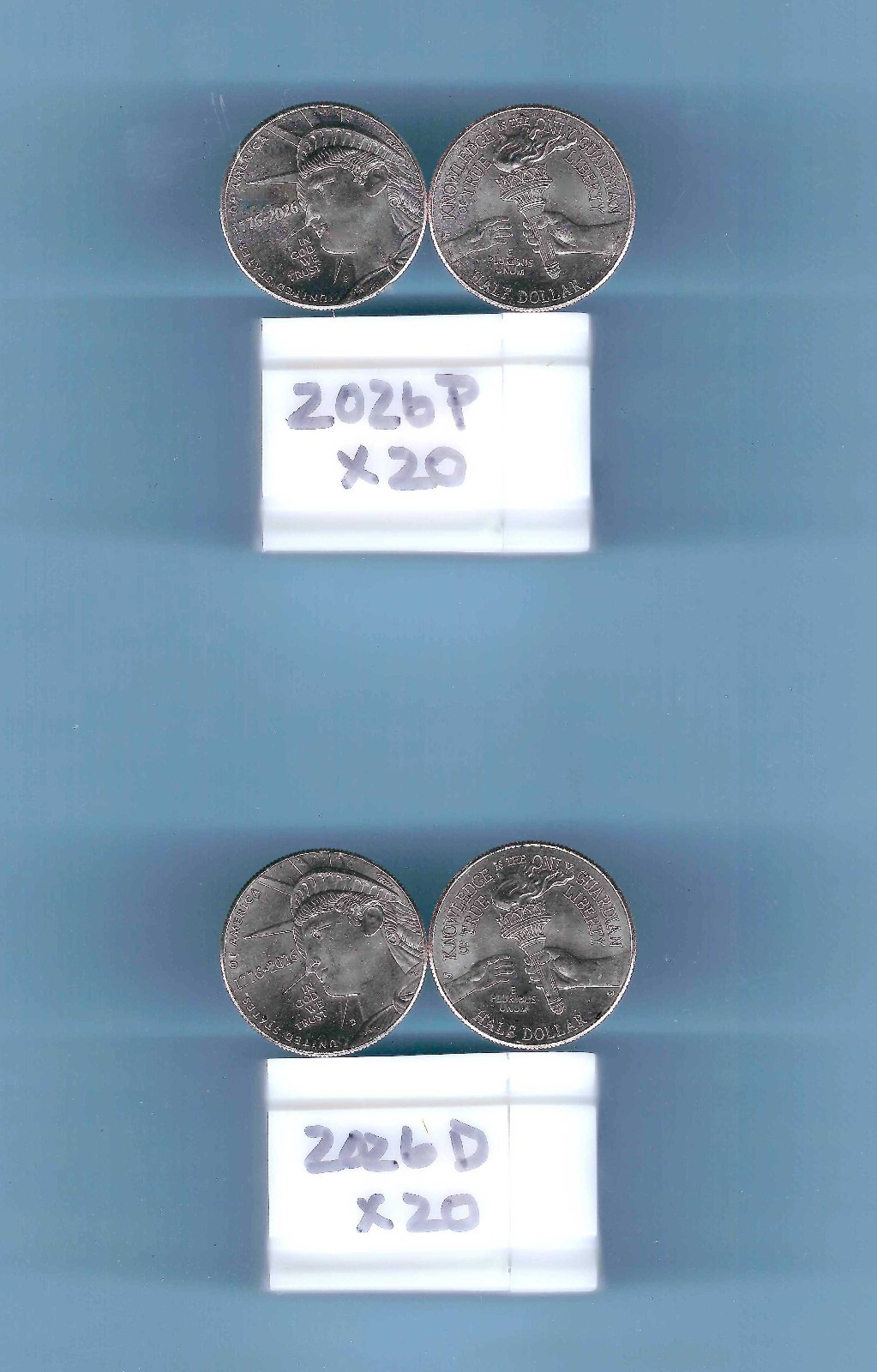 2026 P and D Liberty Half Dollar Rolls- Two Rolls - 40 BU Coins