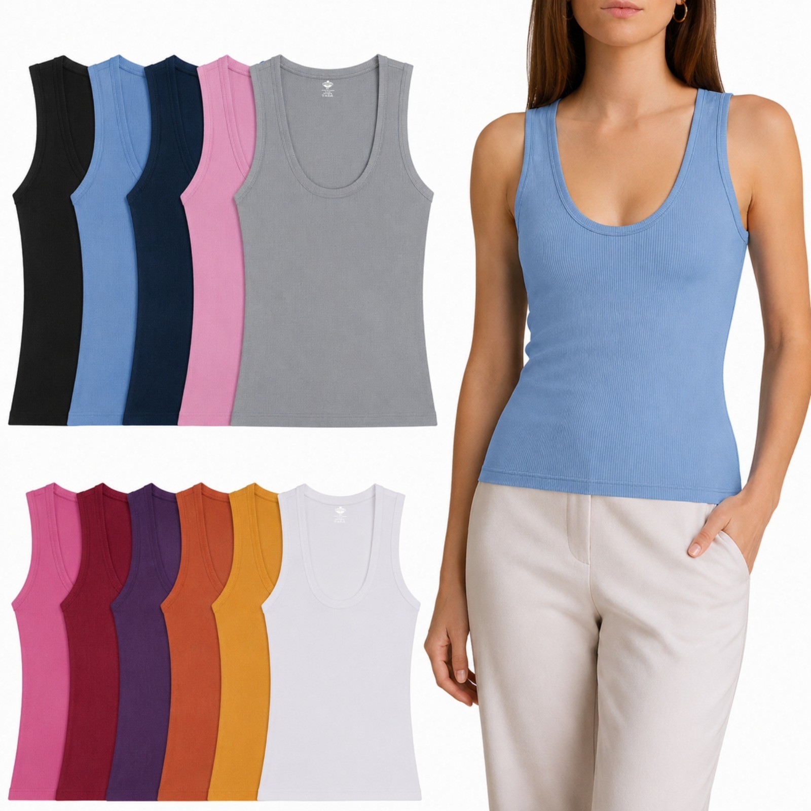 12 Pack Womens Tank Top Basic Ribbed Sleeveless Shirts 100% Cotton Multi Colors
