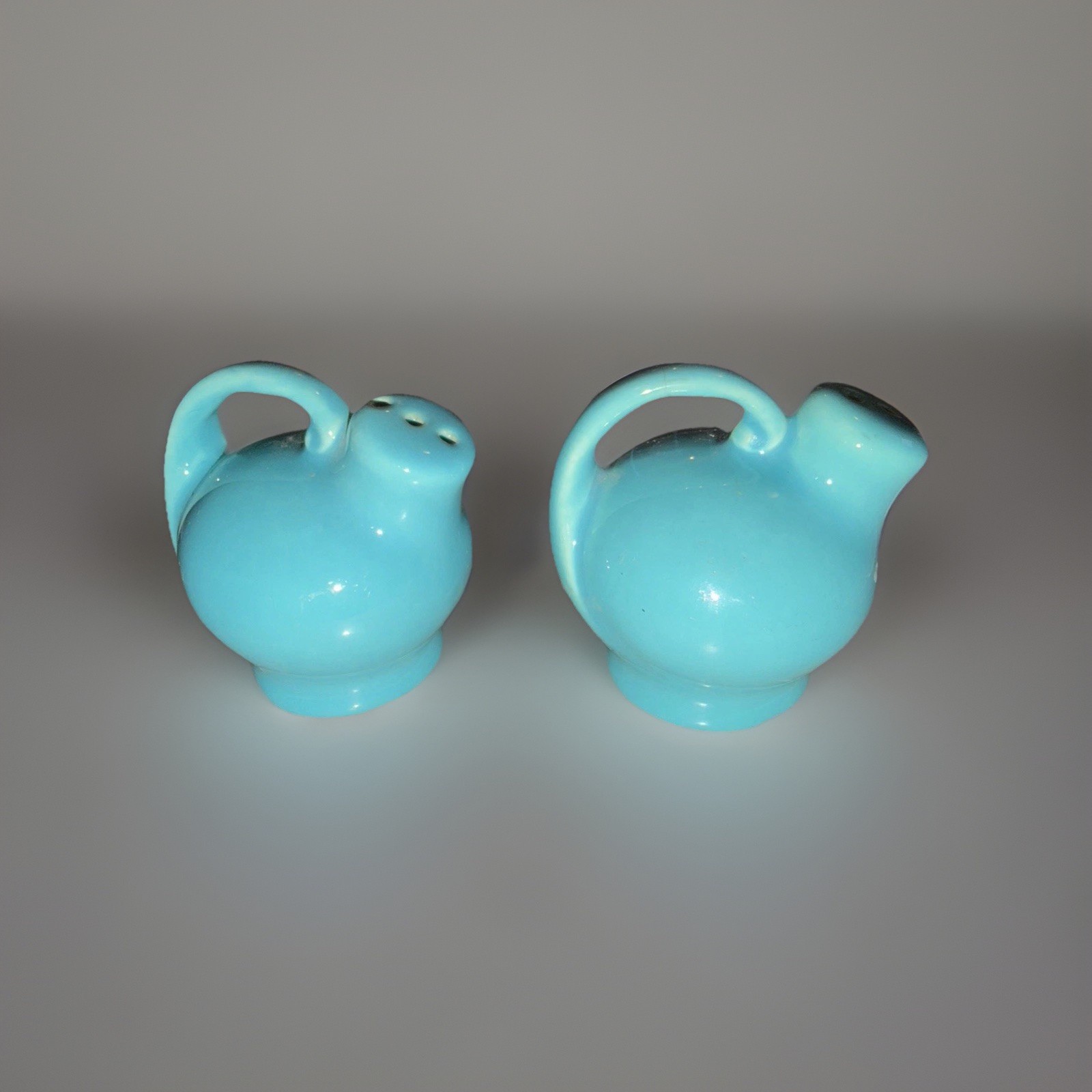Vintage MCM Aqua Blue Ceramic Pitcher Salt Pepper Shakers Set Turquoise Retro