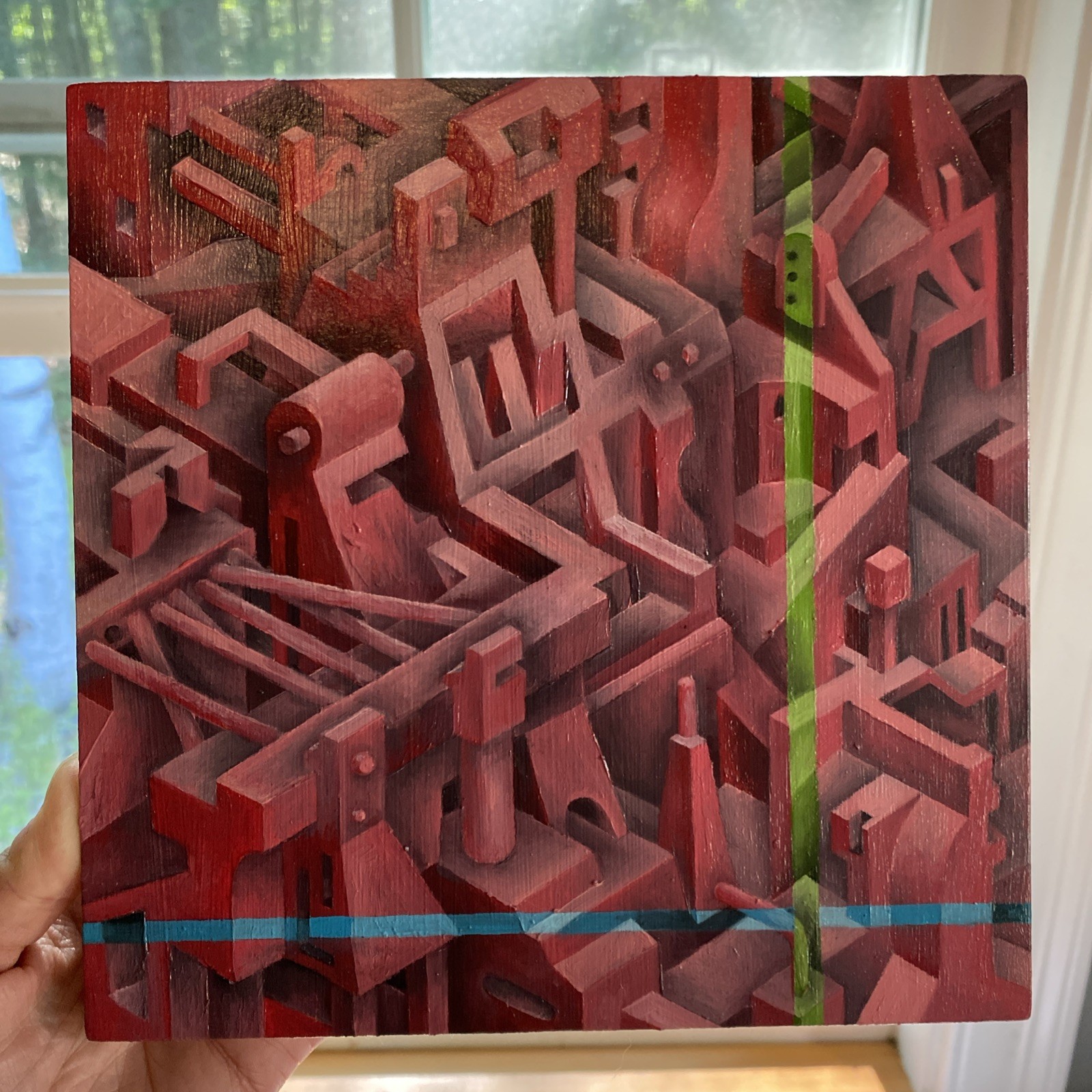 Oil Painting Abstract Isometric 8”x8” On Birch Panel Oil Painting Abstract Isometric 8”x8” On Birch Panel