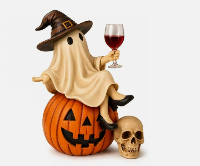 Ghost and Wine Halloween Decoration – Sitting on a Pumpkin – Home Decor