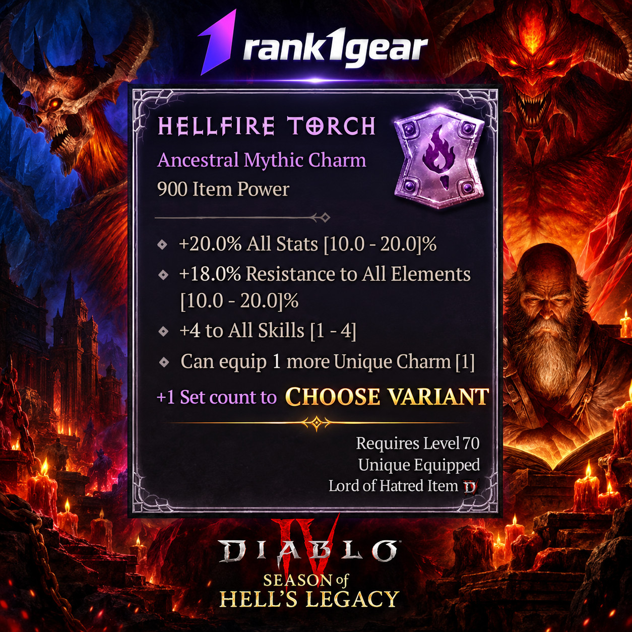 DIABLO 4 💥 HELLFIRE TORCH 💥 SEASON 15 💥Hell\'s Legacy💥 MYTHIC CHARM D4 S15