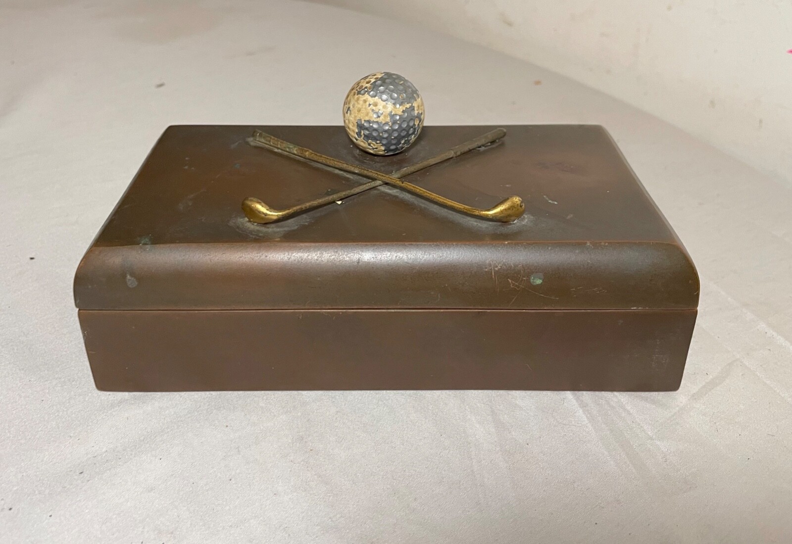 antique 4 lbs heavy solid bronze JB golf cherry wooden lined jewelry trinket box