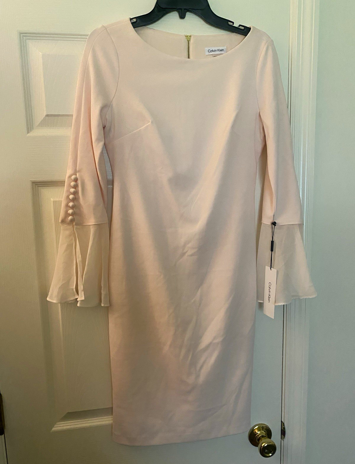Calvin Klein Women\'s Pink Sheath Dress Scoop Neck Bell Sleeve Lined Zip 4