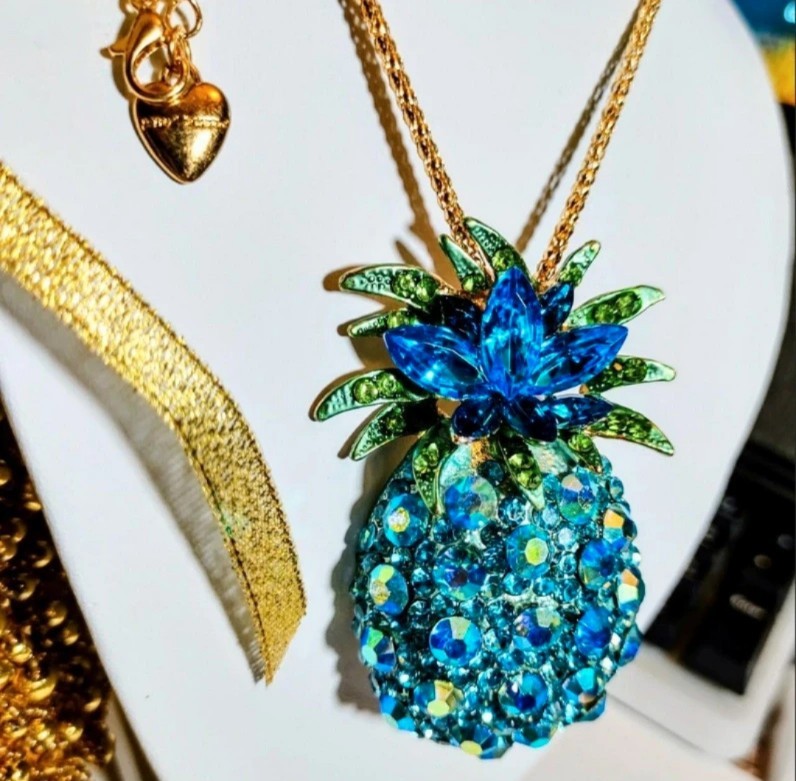 Betsey Johnson Blue Rhinestone Pineapple Necklace