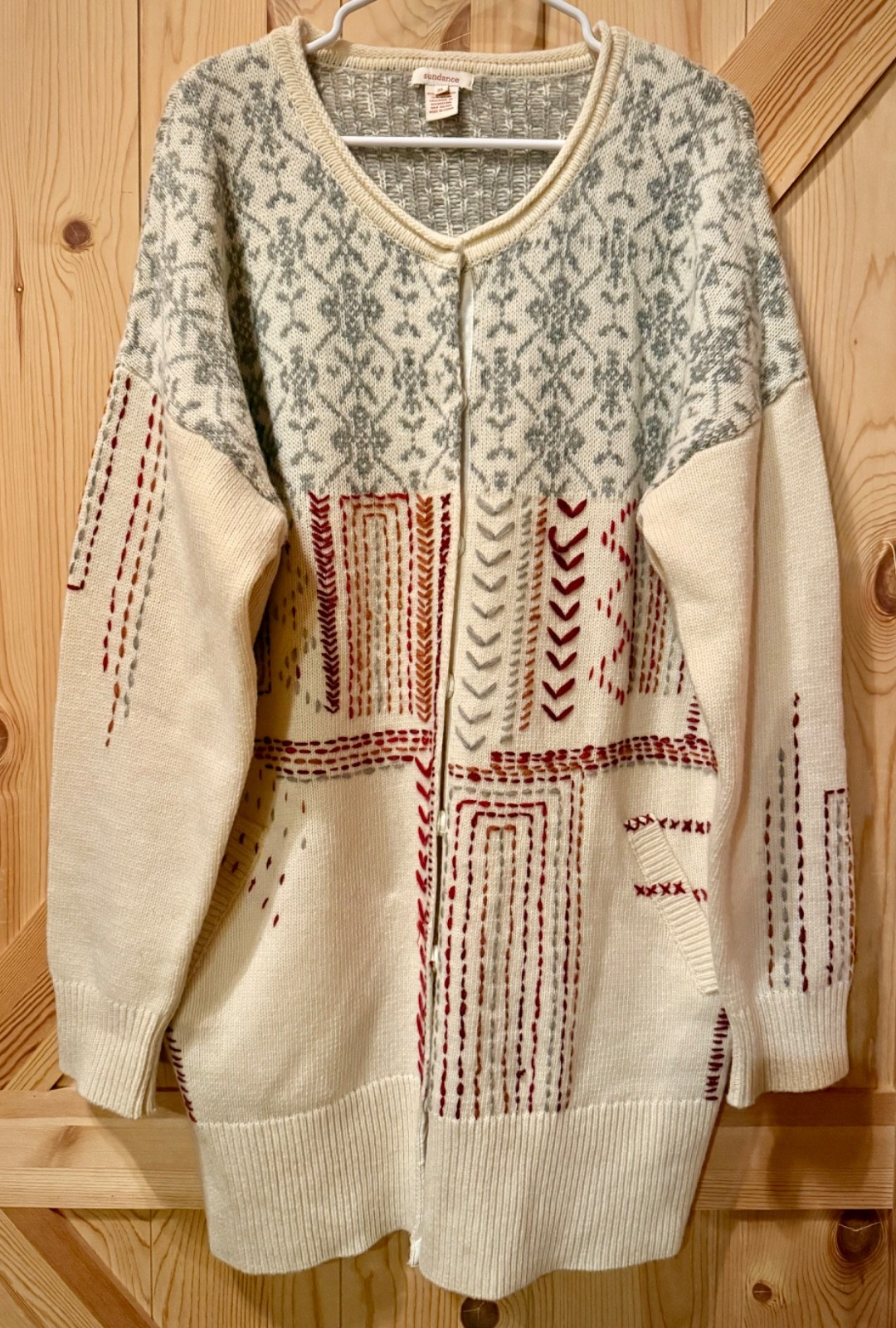 Sundance Cardigan Sweater LambsWool Blend Hand Embroidered Knit Long Boho XL