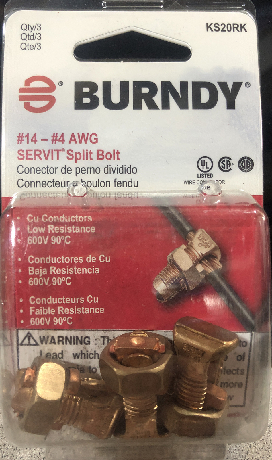 (3 Pack) Burndy KS20RK Servit Split Bolt Connectors #14 - #4 AWG