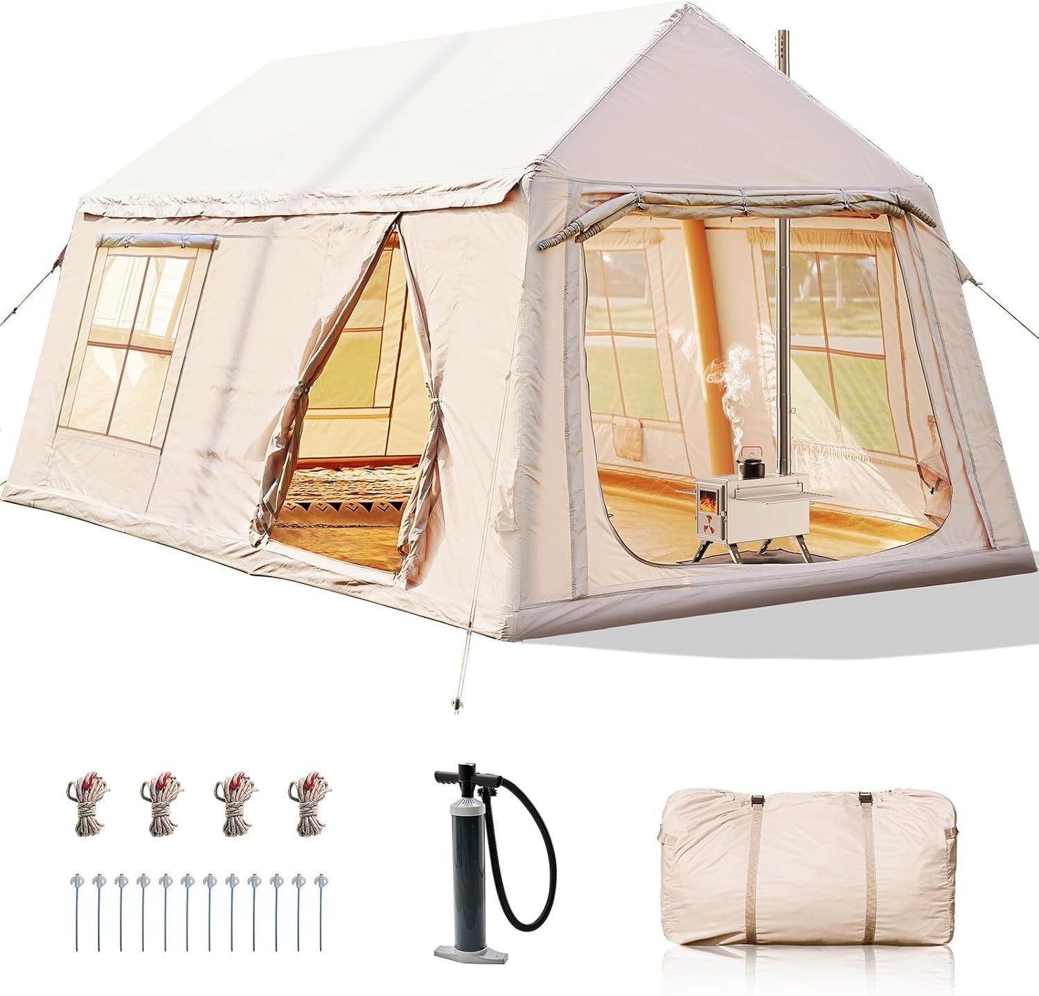 NAIZEA 10~12 Person Inflatable Blow Up Tent for Camping Waterproof Hot Tent&Pump