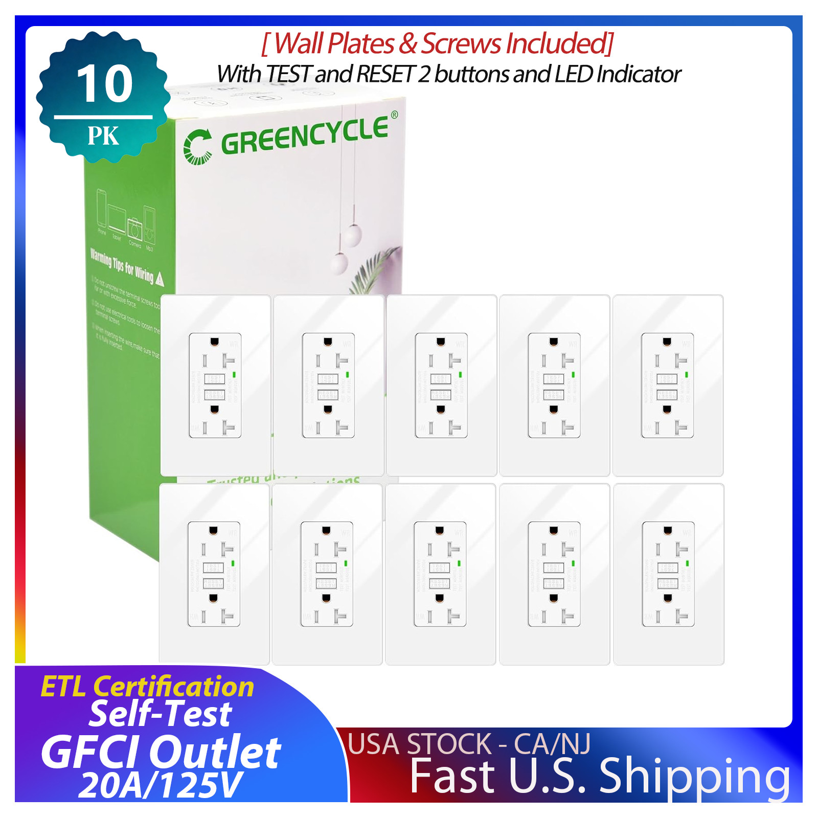 10x Greencycle Self-Test 20Amp GFI Electrical Outlet, Wall Plate&Screws Included