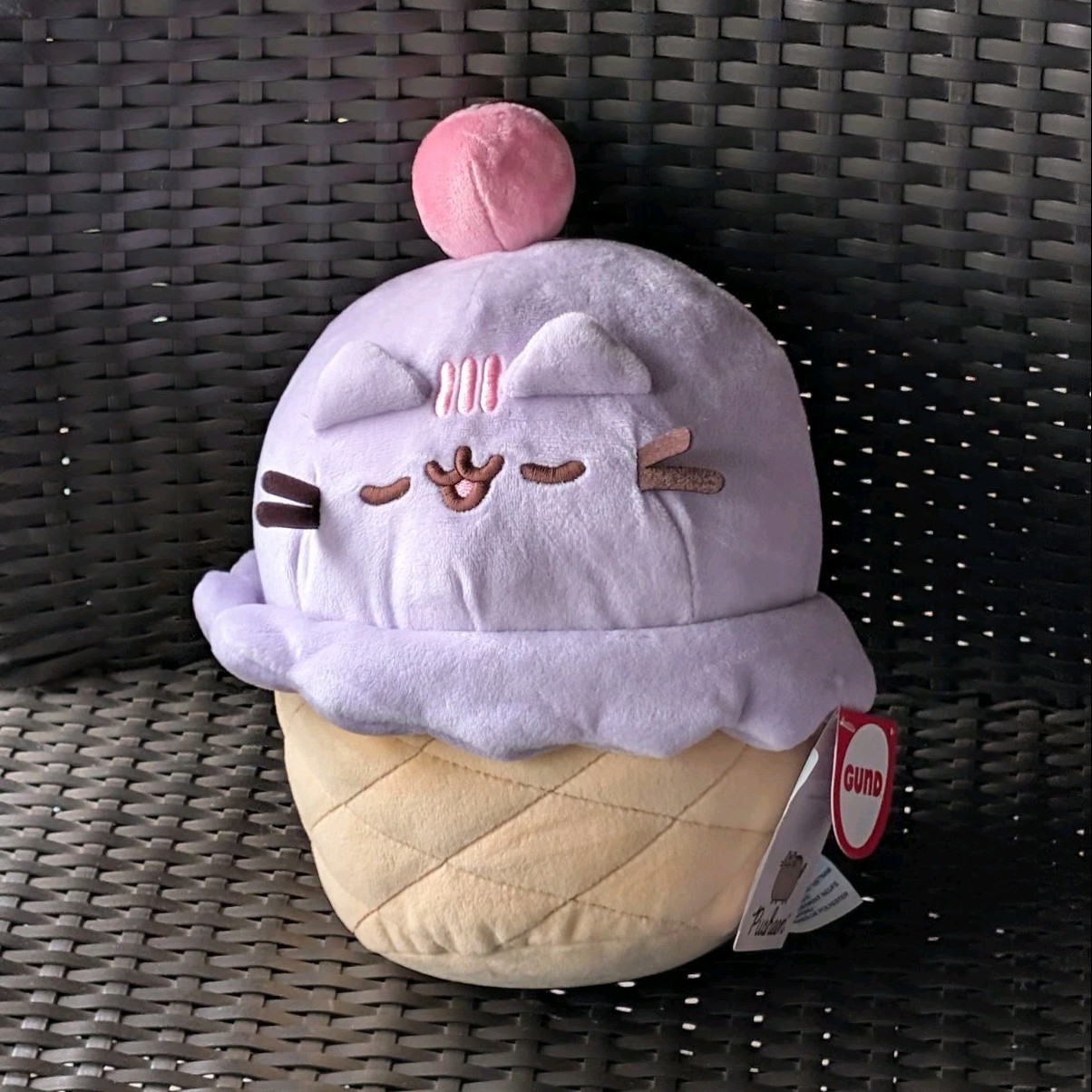 GUND Pusheen Ice Cream Cup Plush Stuffed Animal RARE - FULL SIZE Purple Plushie