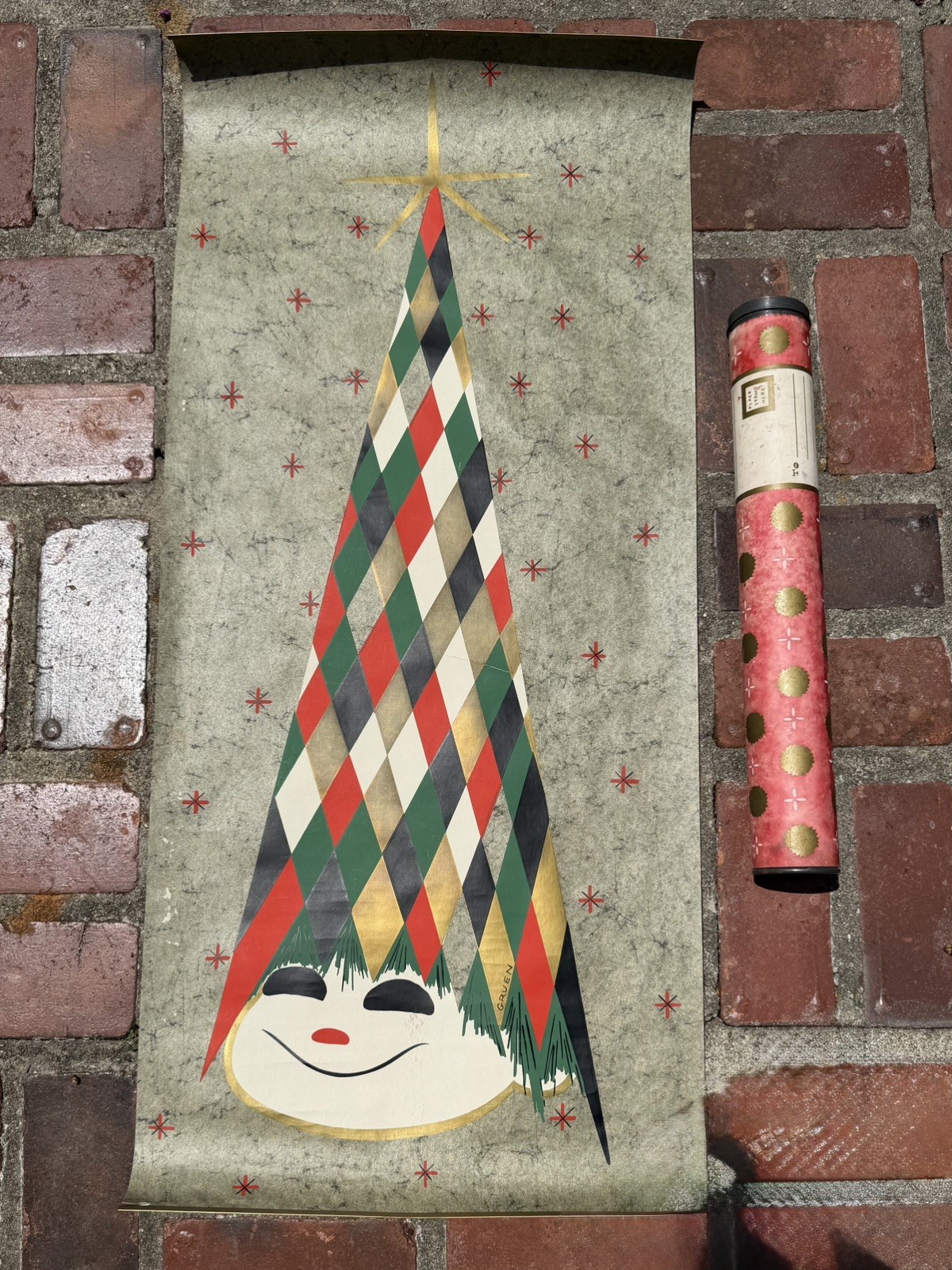 RARE MCM Harlequin Diamond Christmas Tree Chuck Gruen Large Screen Print Atomic