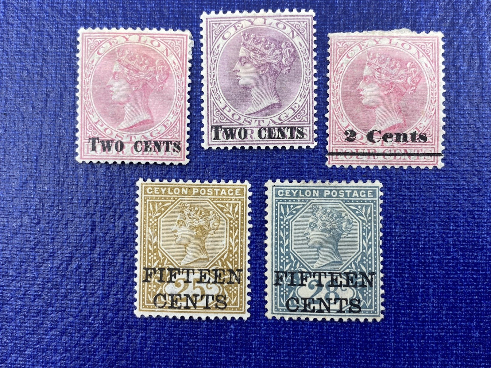 Ceylon 1888-91 Scott# 143-44, 148, 153, 154 Mint, + Gum, Mint No Gum, Hinged.