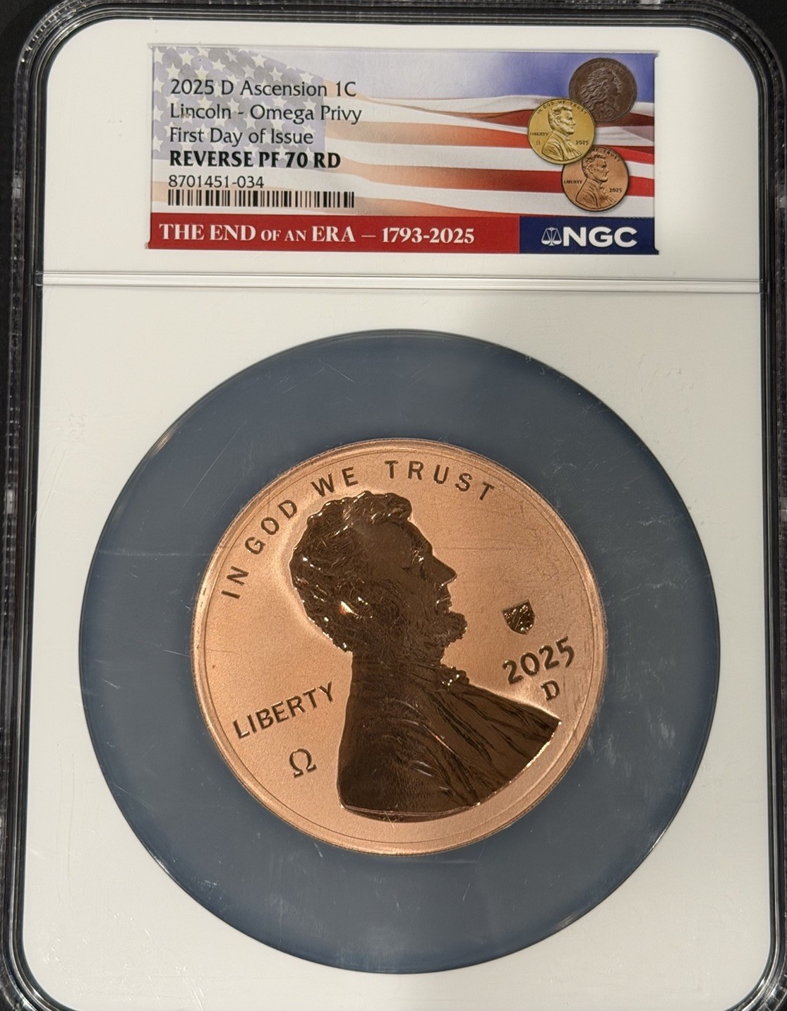 2025-D Ascension Lincoln OMEGA PRIVY NGC Reverse PF70 RD FDI End of an Era Penny
