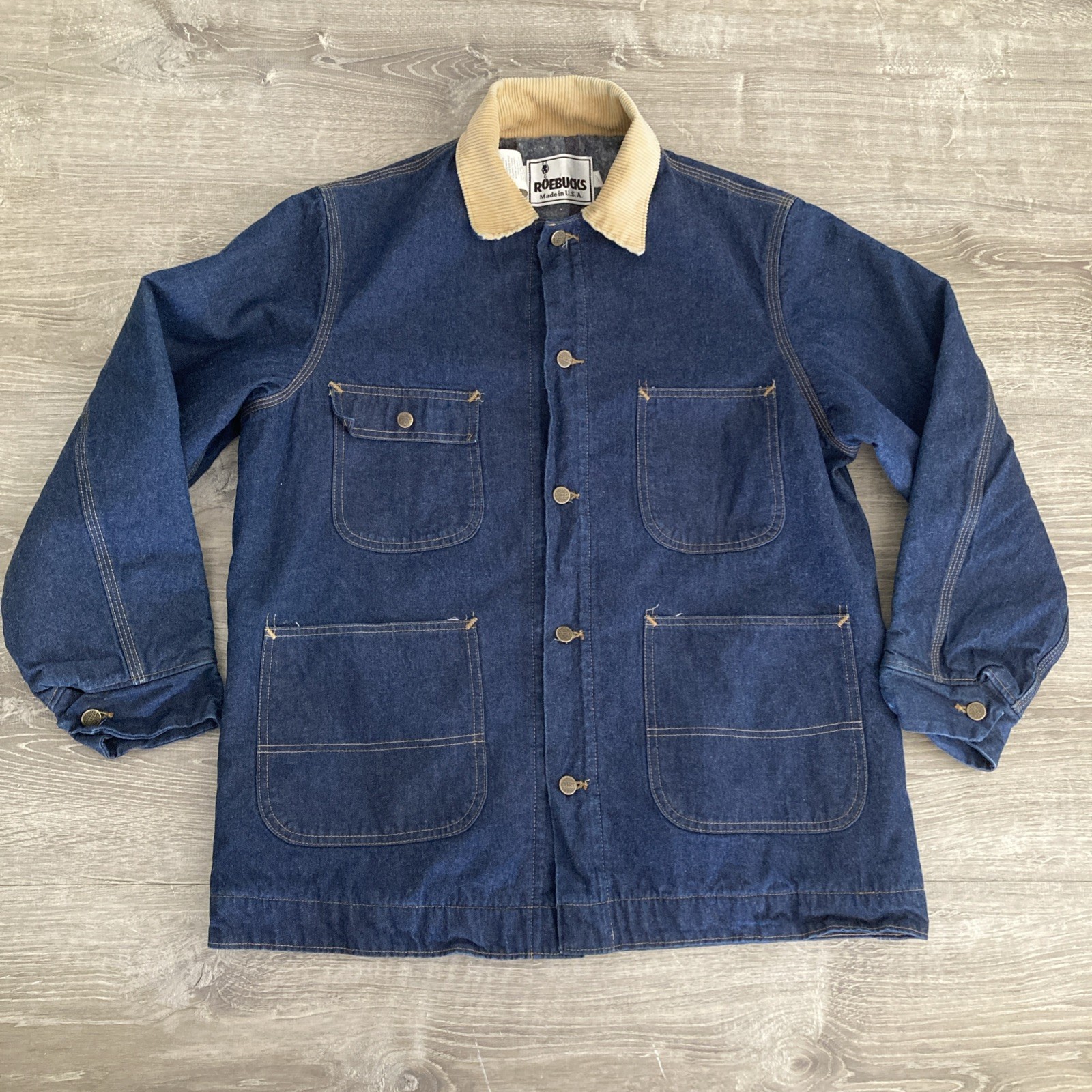 Vintage Roebucks Denim Chore Coat Mens L 42-44 Blanket Lined Corduroy Collar USA Vintage Roebucks Denim Chore Coat Mens L 42-44 Blanket Lined Corduroy Collar USA