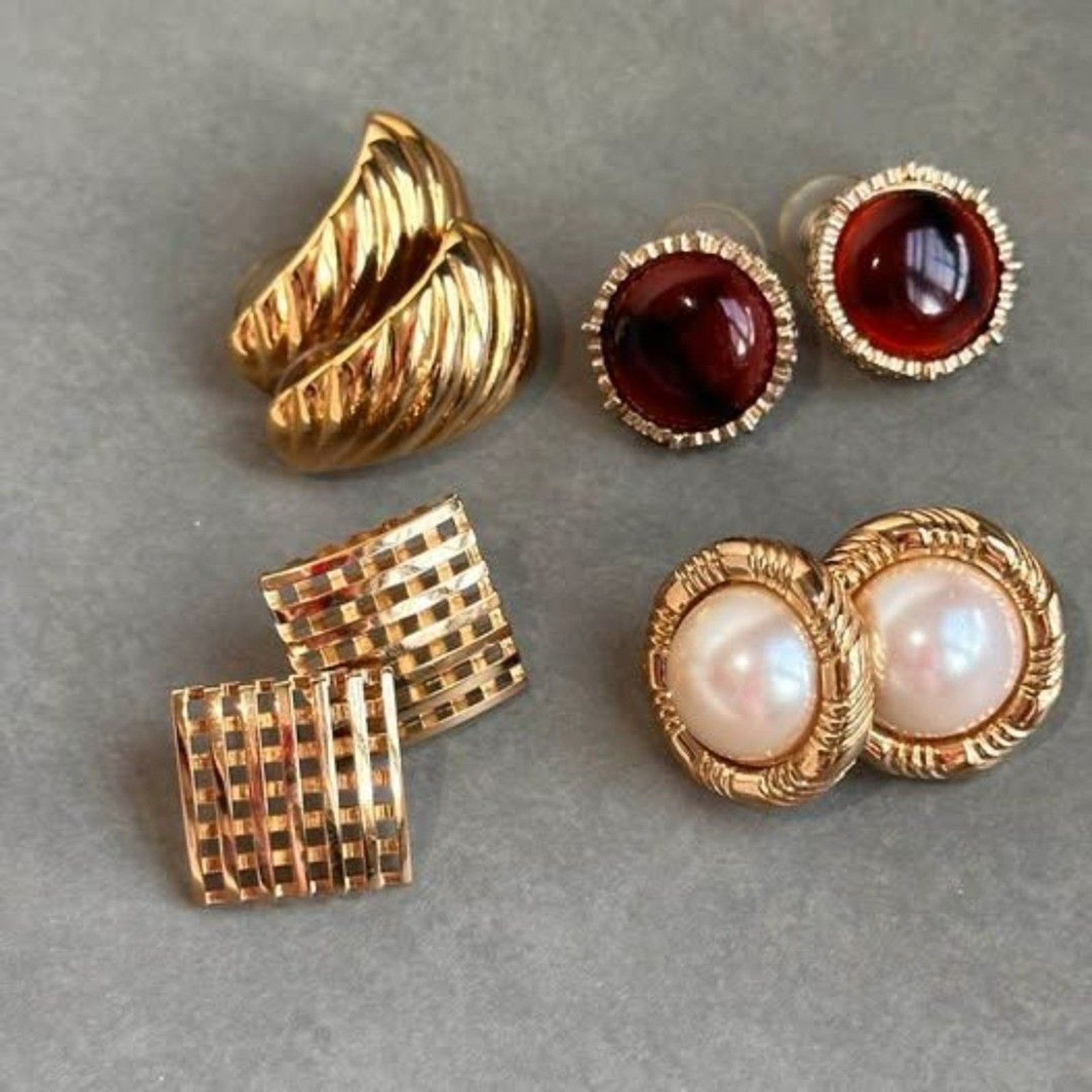 Vintage Earrings Lot of 4 Pairs Gold Tone, Faux Pearl (incl. Signed Monet)