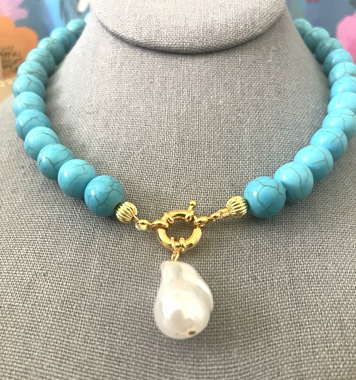 MAYAMAR Turquoise Beaded Necklace with Baroque Pearl 24k GP Toggle Clasp New