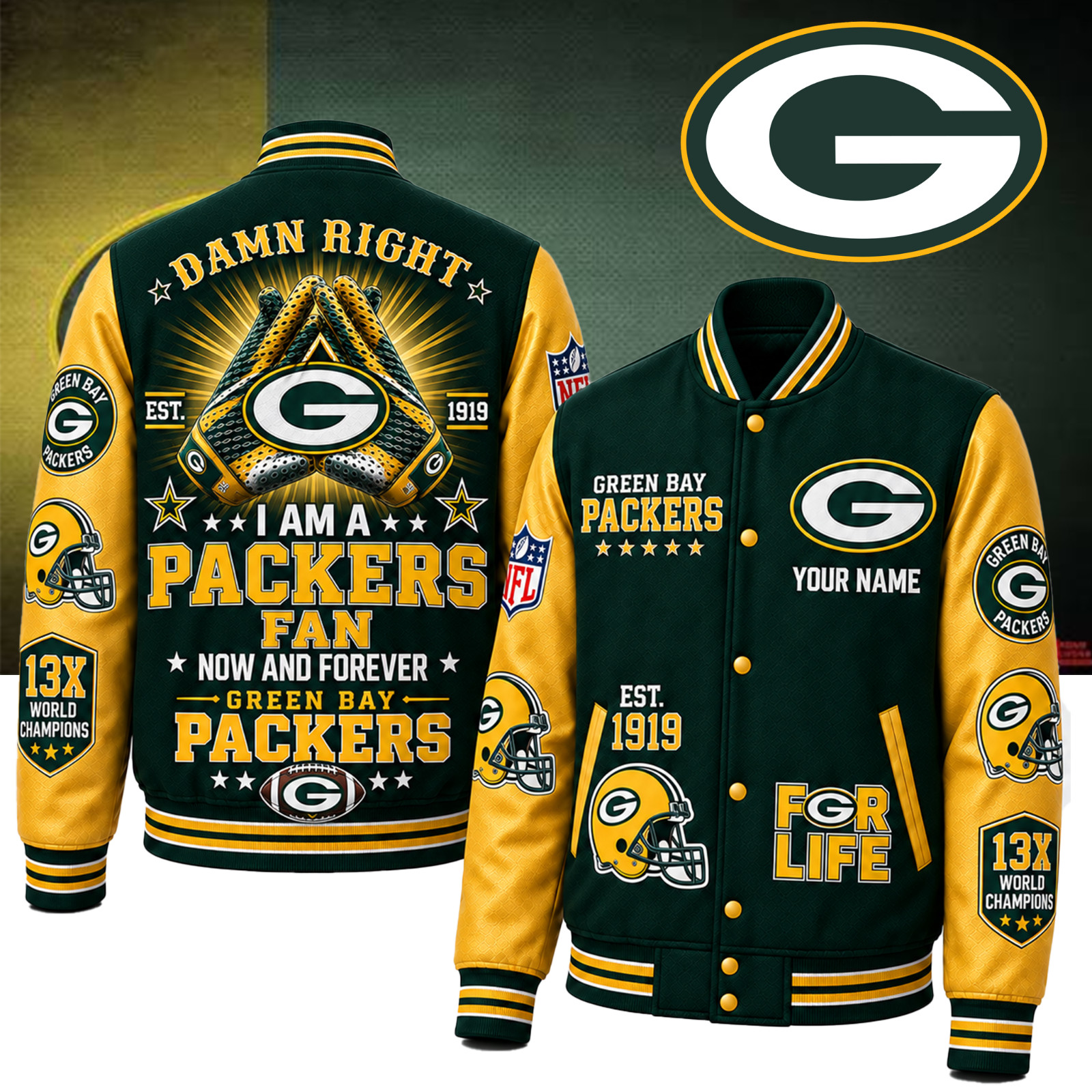 Personalized Green Bay Packers Football Baseball Jacket - ALL PRINT