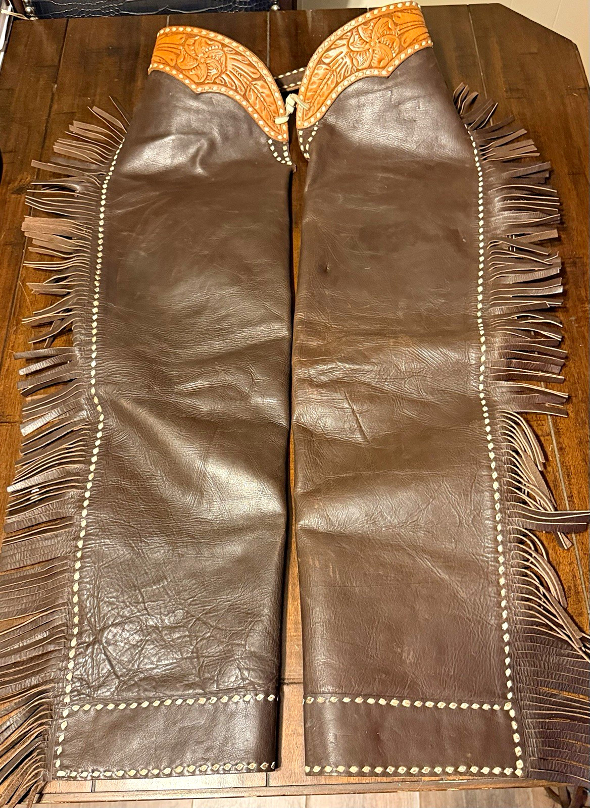 Vintage Brown Leather Western Chaps Fringe Tooled 