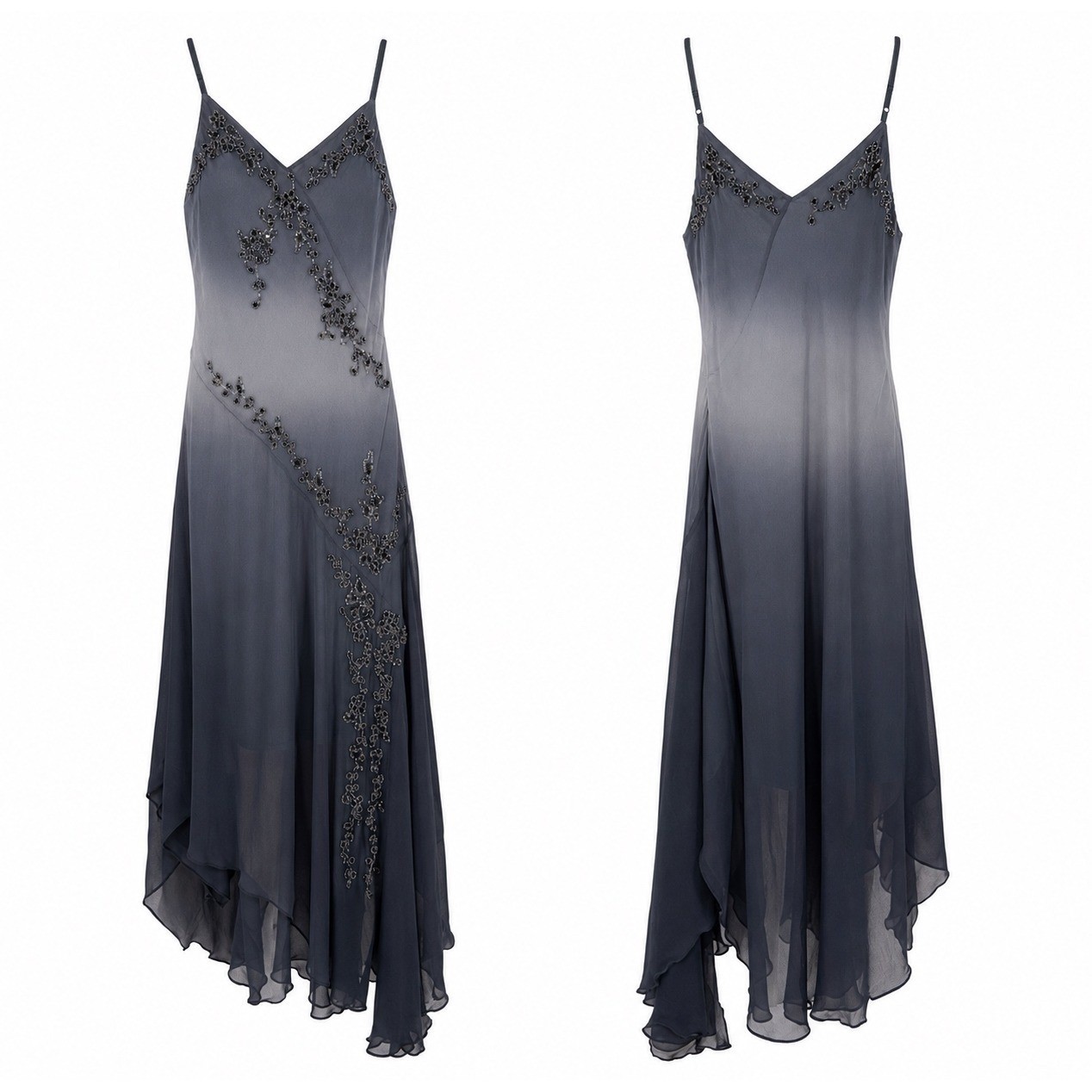 Vintage Scala 100% Silk Beaded Ombre Fairy Whimsigoth Handkerchief Hem Dress L