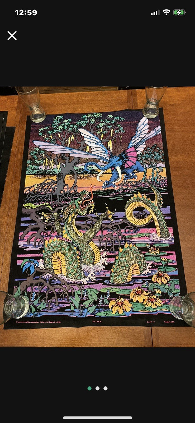 Vintage 1970s Blacklight Fuzzy Poster Mystical Creatures NOS Hippie psychedelic 
