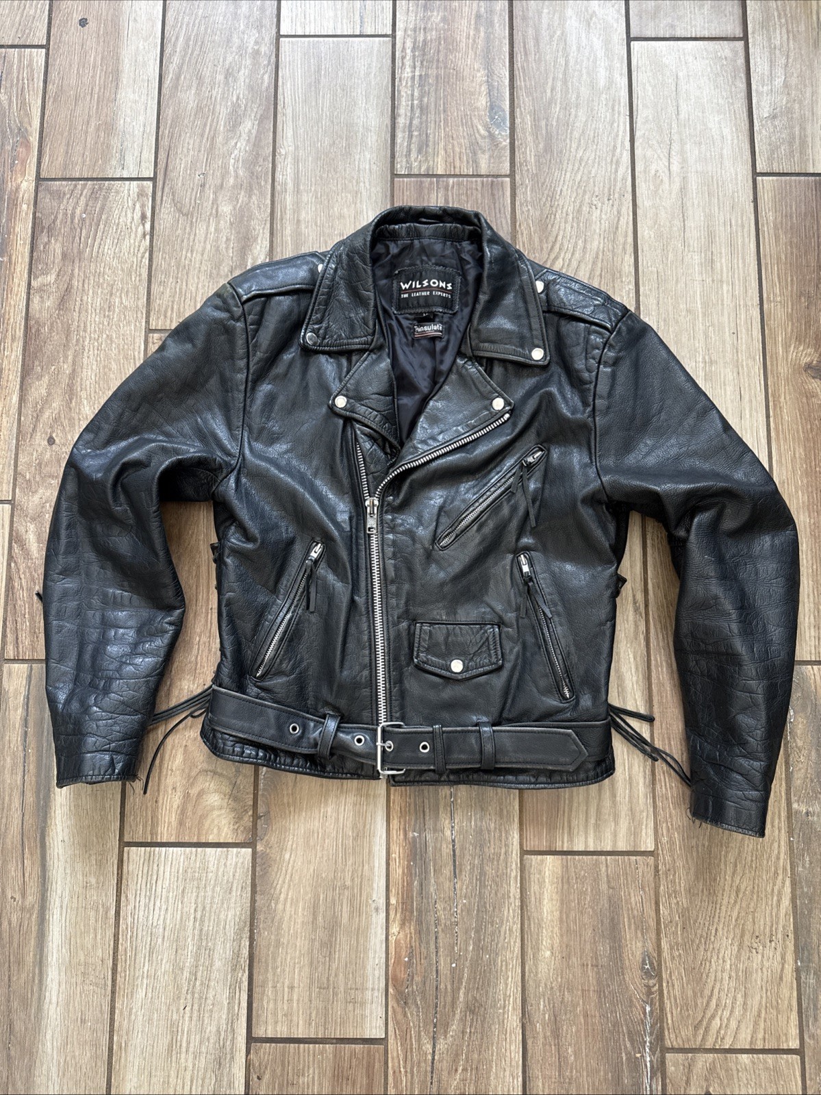 VTG Wilsons Open Road Mens Sz M Black Leather Insulated Biker Jacket Belted