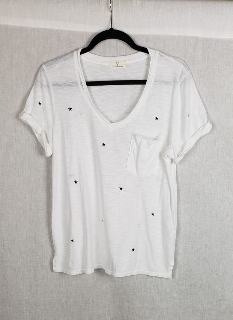 Anthropologie T.La Embroidered Stars Top Tee S Rolled Short Sleeves Summer USA