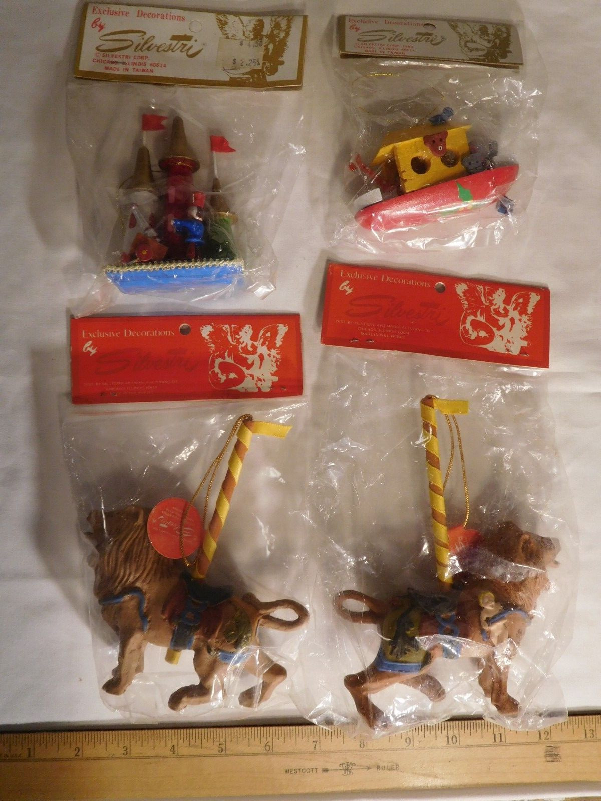 4 Vintage Taiwan Silvestri Christmas Ornaments New in Package ~ Lions,Castle,Ark