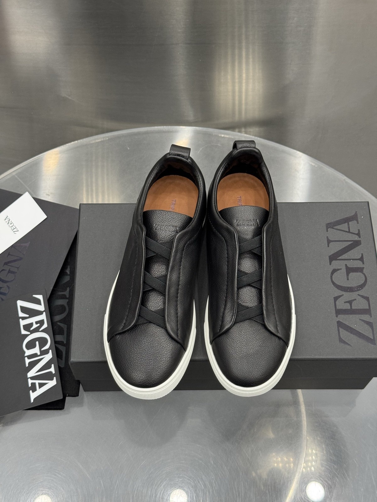 Men's Zegna Triple Stitch Low-Top Slip-On Black Leather Casual Shoes