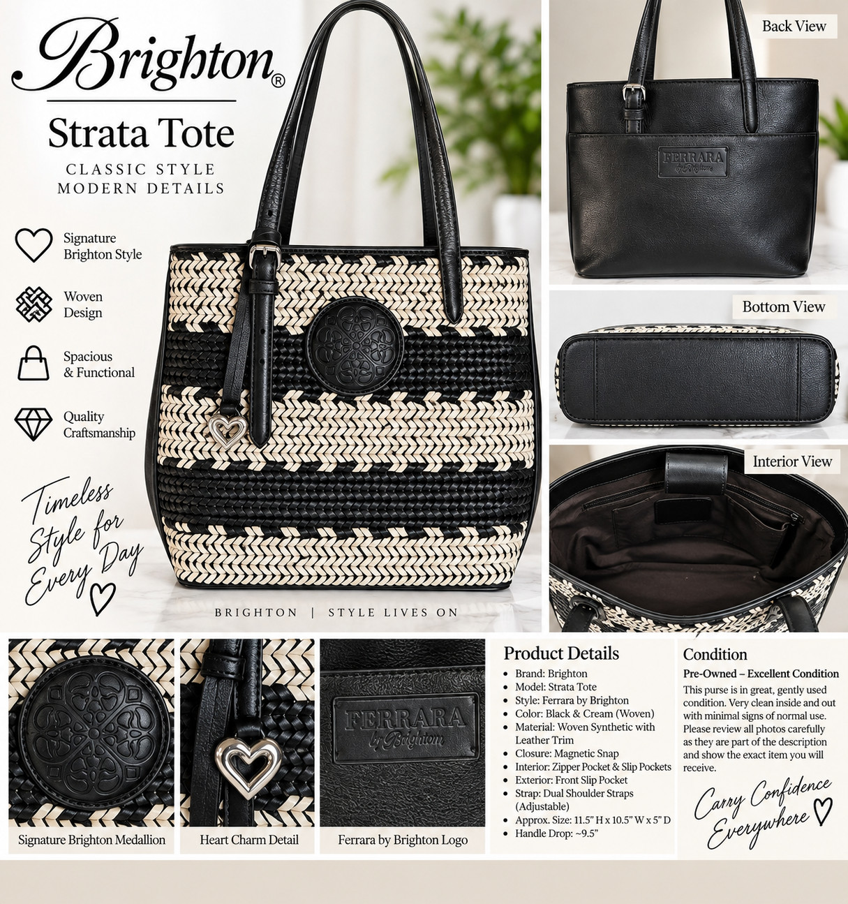 Brighton Ferrara Strata Tote H38563 Black White Woven Leather Bag MSRP $595