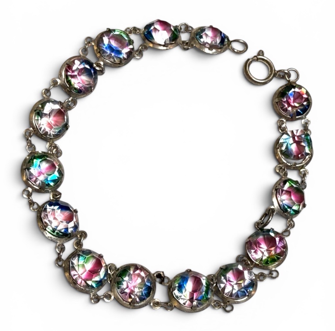 Vintage 50s Fine Silver Czech Iris Glass Deco Revival Bracelet Bezel Set