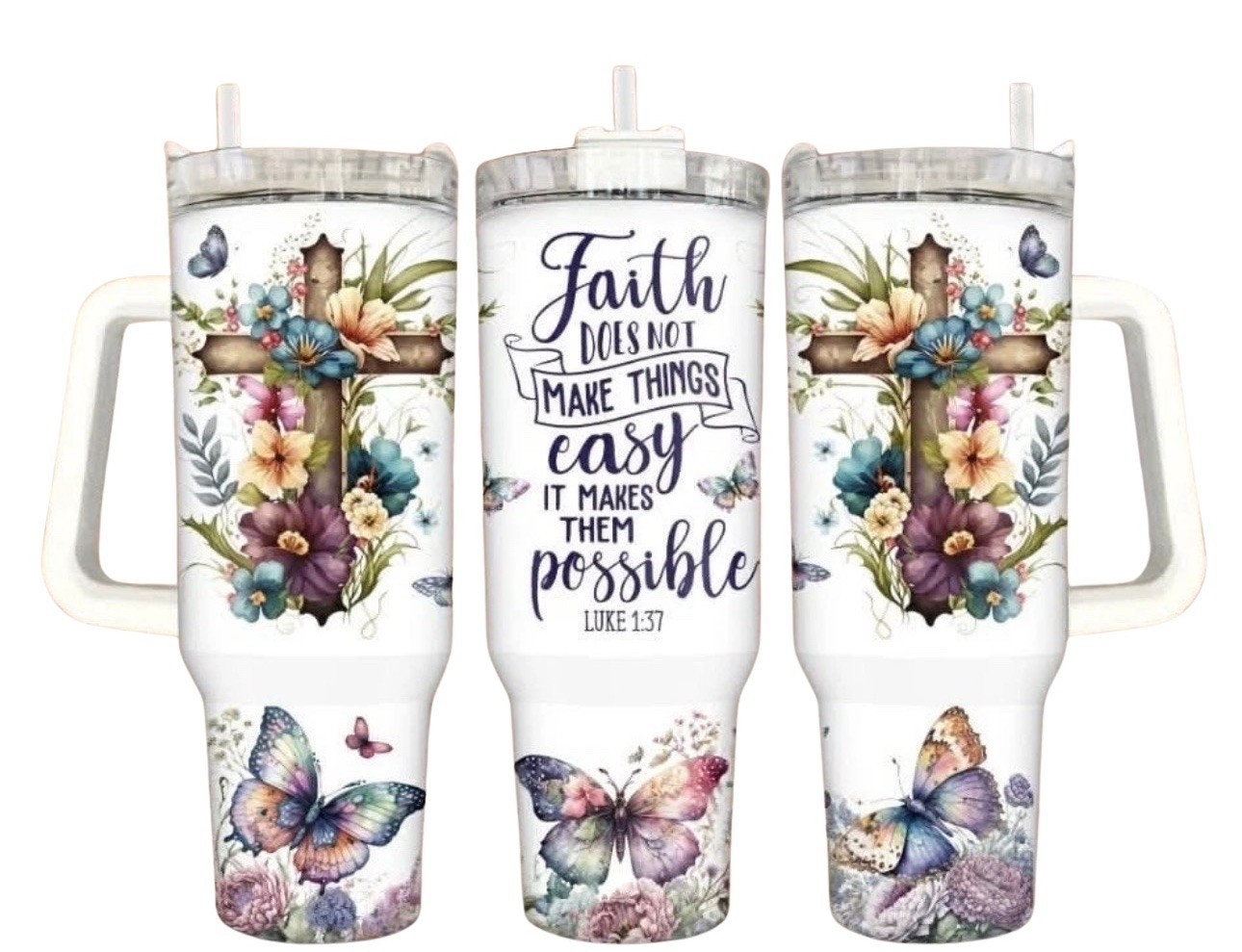 Handmade 40oz Stainless Steel Tumbler-Faith-Butterflies-Scripture-Cross-Gift Handmade 40oz Stainless Steel Tumbler-Faith-Butterflies-Scripture-Cross-Gift