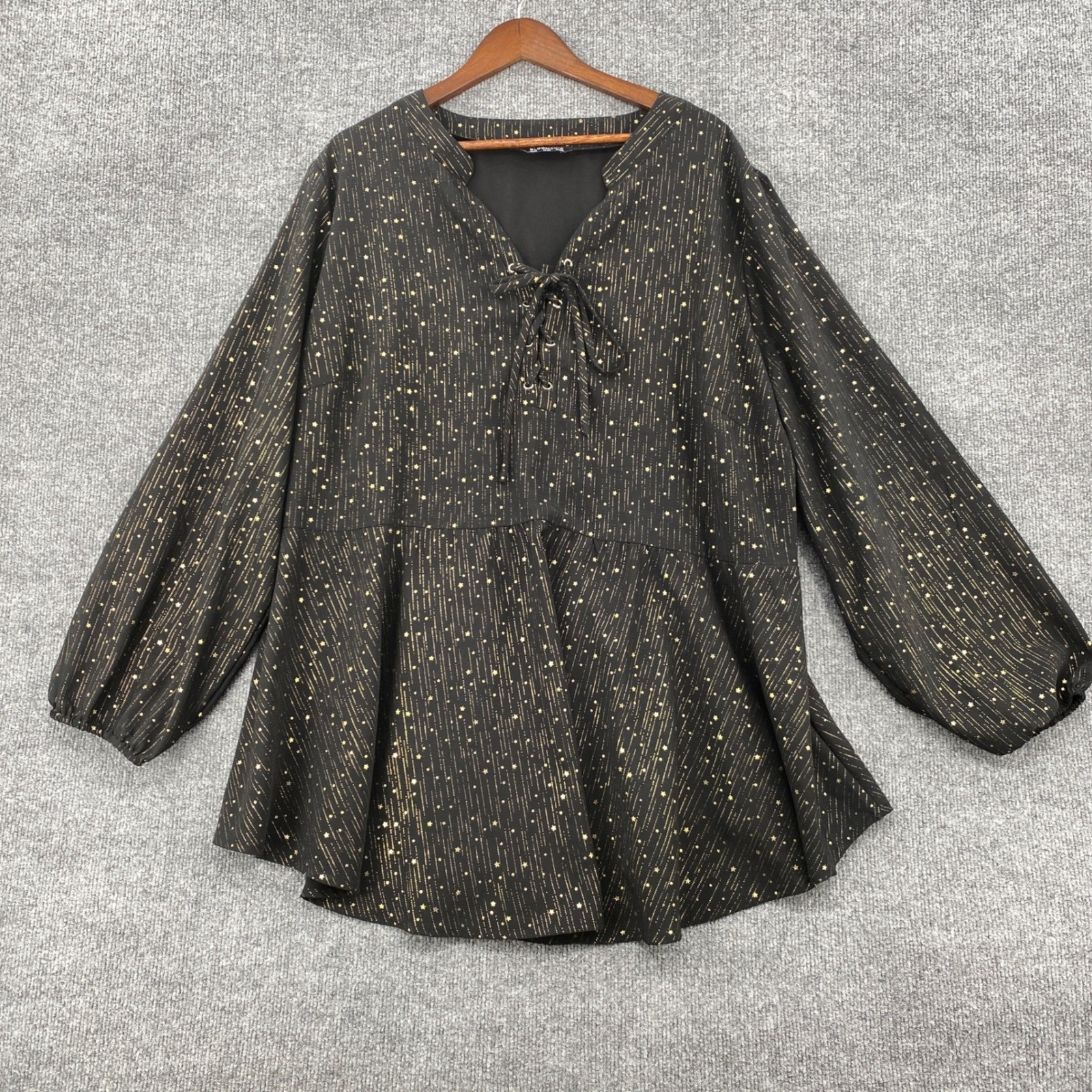 BloomChic Blouse Womens 26 Black Gold Star Celestial Lace Up Whimsigoth