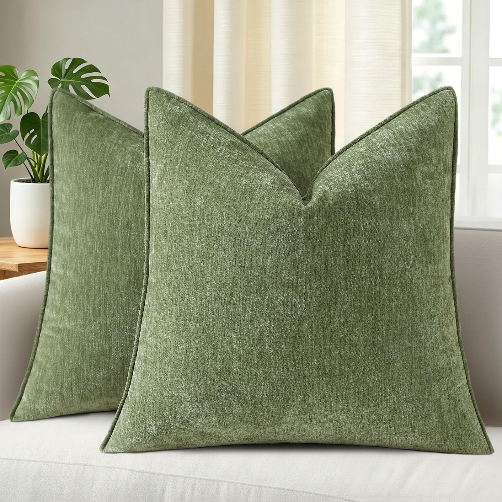 Fall Olive Green Chenille Velvet Throw Pillow Covers 20x20 Set of 2