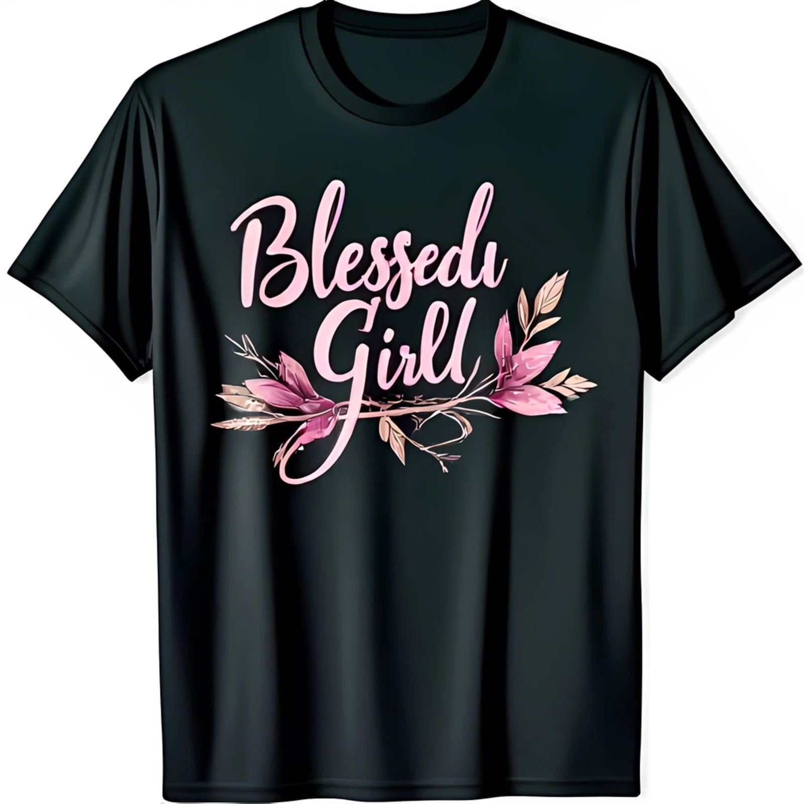Stylish Black T-Shirt with Blessed Girl Floral Graphic in Pink Q1452