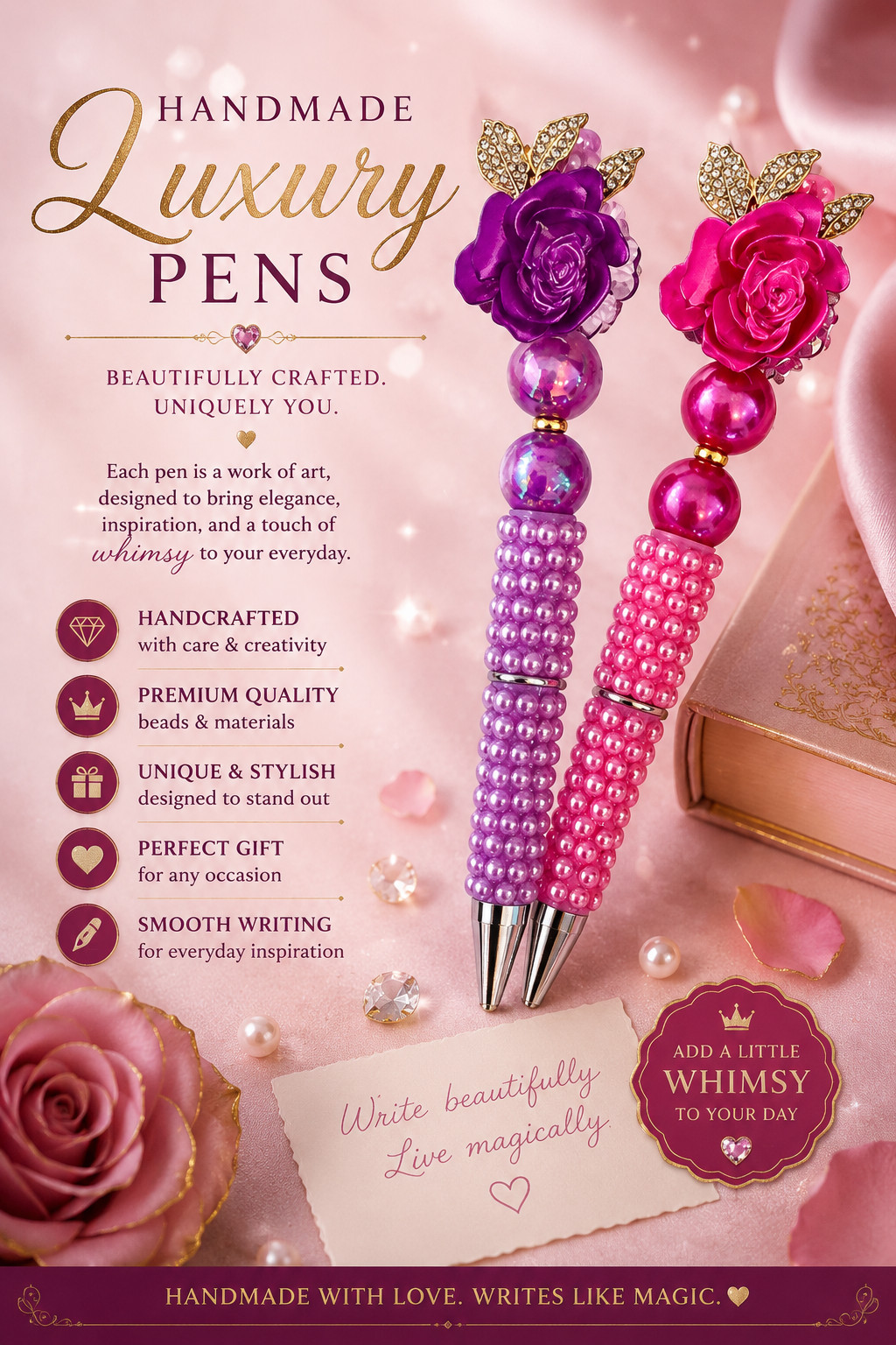 Custom Beaded Pens: Roses, Luxury Inspired Gifts Basket fillers Collect
