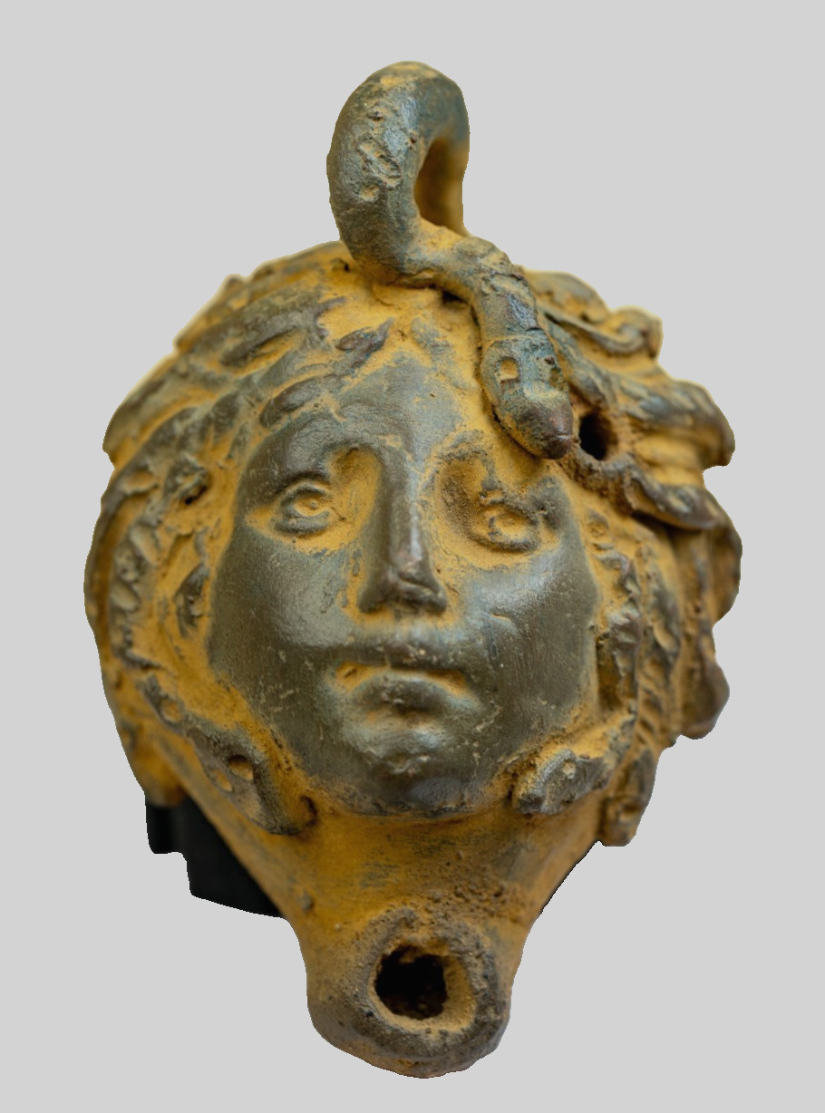 COA Certified Rare Ancient Roman Style Terracotta Large Oil Lamp Gorgon Medusa