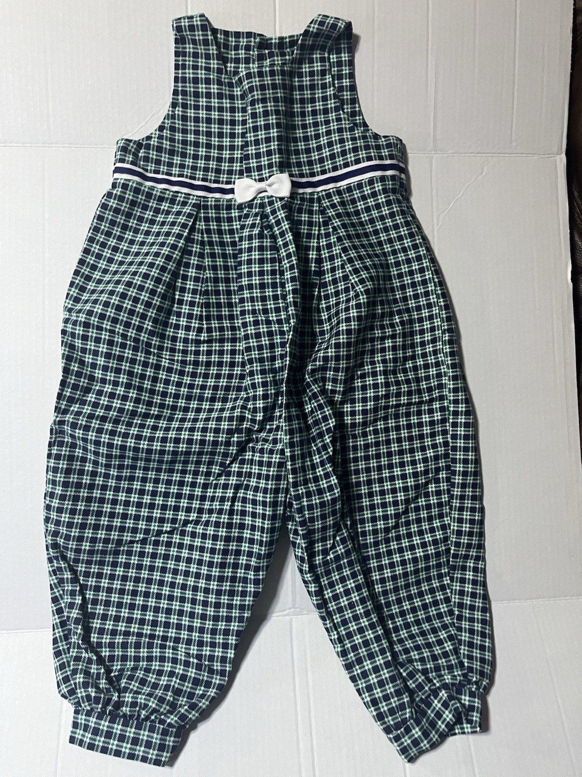 VTG 90s Hartstrings Plaid Romper NWOT Green Navy Cotton Jumpsuit Size 3T