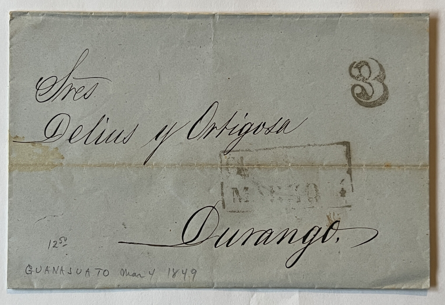 1849 GUANAJUATO MEXICO FOLDED LETTER STAMPLESS COVER SENT TO DURANGO, RED SEAL