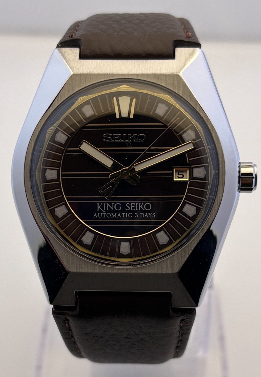 Refurbished Men\'s King Seiko Automatic 3 Days Brown Dial Brown Strap Date Watch