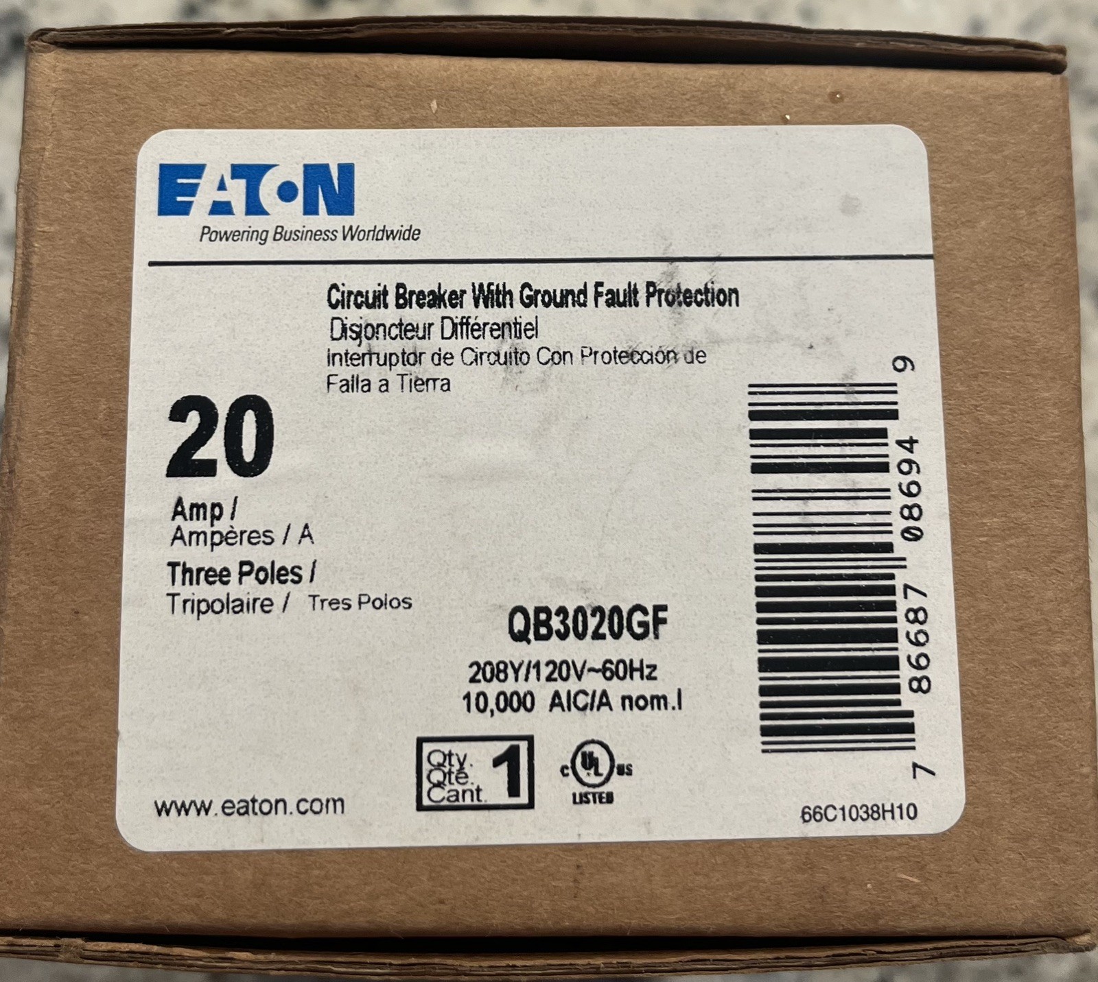 Eaton QB3020GF New 3 Pole GFI 20 Amps Bolt On Eaton QB3020GF New 3 Pole GFI 20 Amps Bolt On