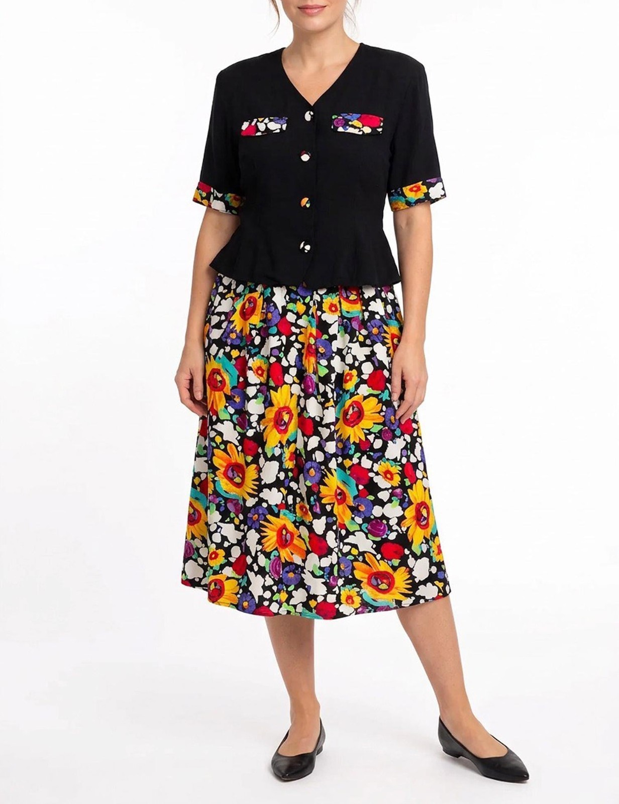 Vintage 80s 90s Floral Print Short Sleeve Blouse & Pleated Midi Skirt EU 44 GB18
