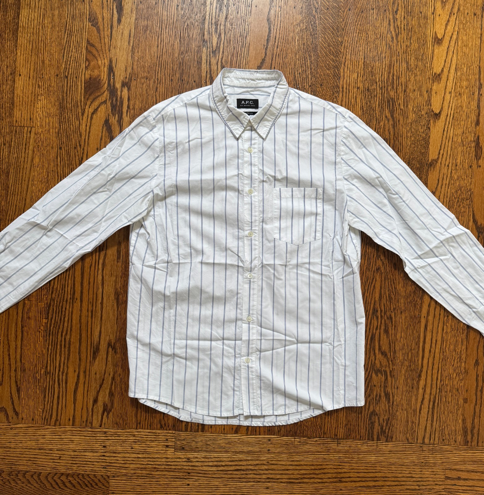 A.P.C. Striped Button Down Shirt Medium White Blue French Minimal Large A.P.C. Striped Button Down Shirt Medium White Blue French Minimal Large