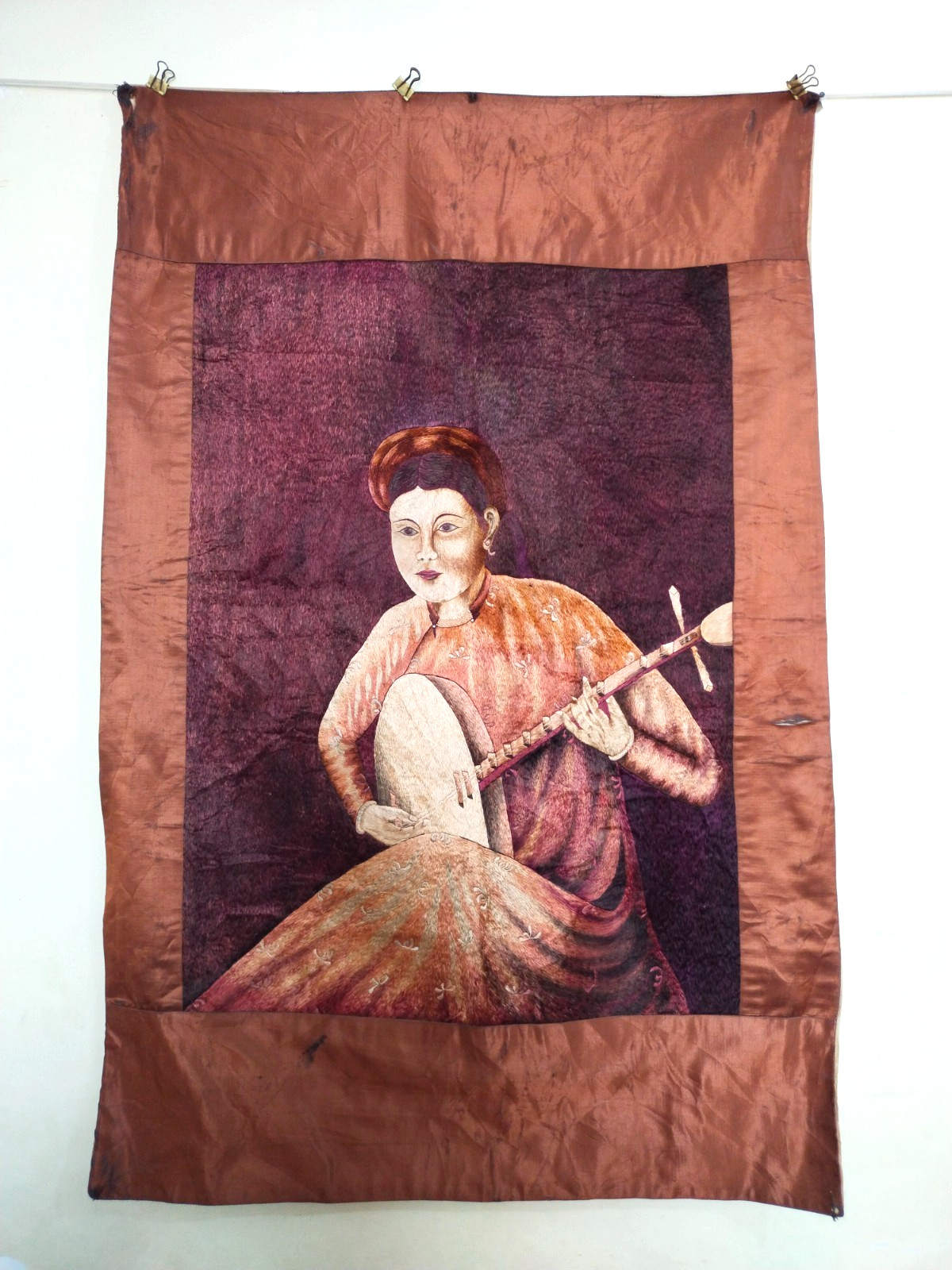 Vintage Hand Embroidered Silk Textile Art Panel Vietnam Folk Art Wall Hanging