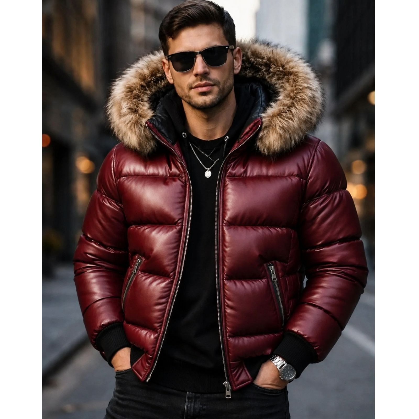 Men's Red Leather Puffer Jacket Fur Hood Winter Bomber Coat Celebrity Style