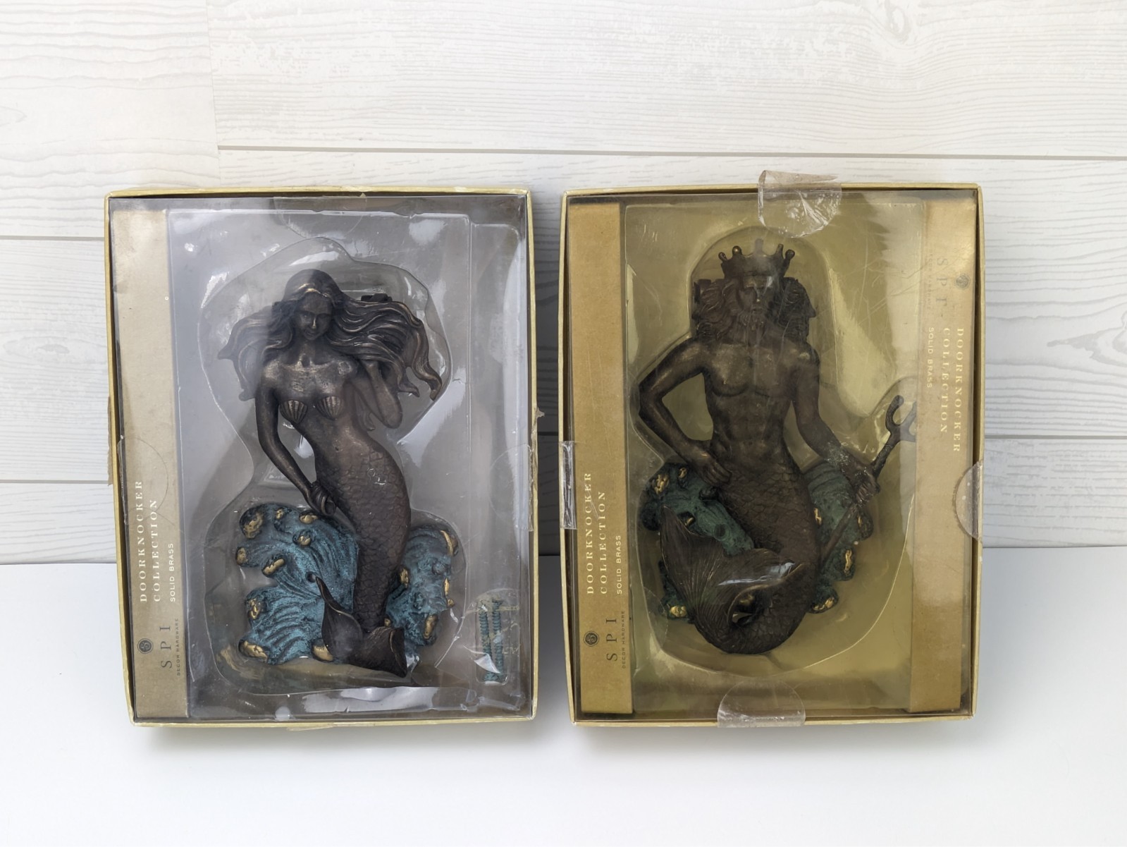 Cast Bronze Oxidized Metal Mermaid & Neptune SPI Door Knocker Whimsical Decor