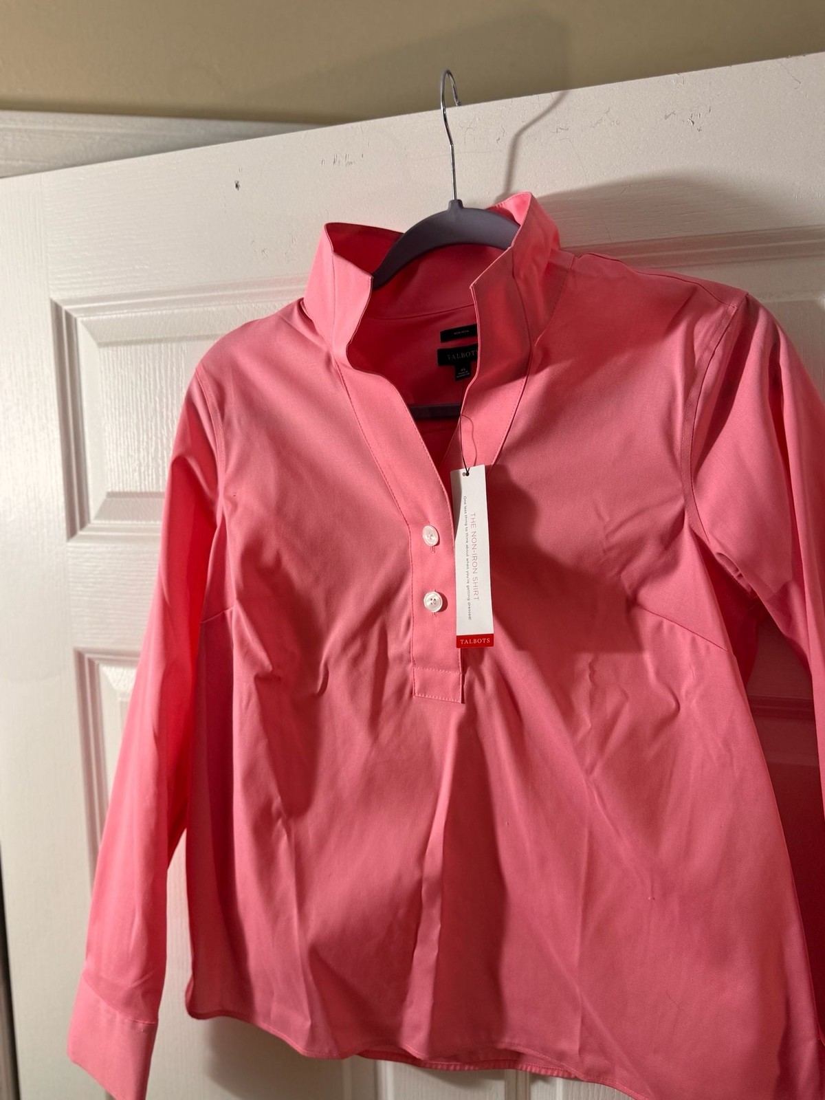 Talbots Non-Iron Popover Shirt Size XS Pink Cotton Long Sleeve Blouse NWT
