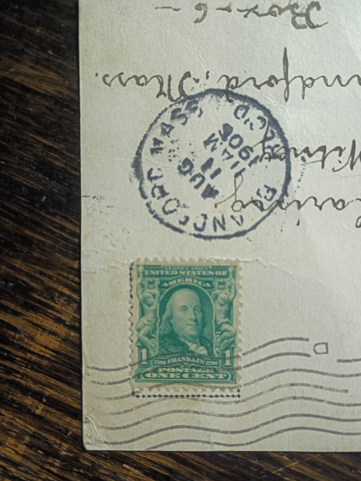 U.S. 1903 Benjamin Franklin 1 Cent Postage Stamp Green Facing Forward W/Postcard