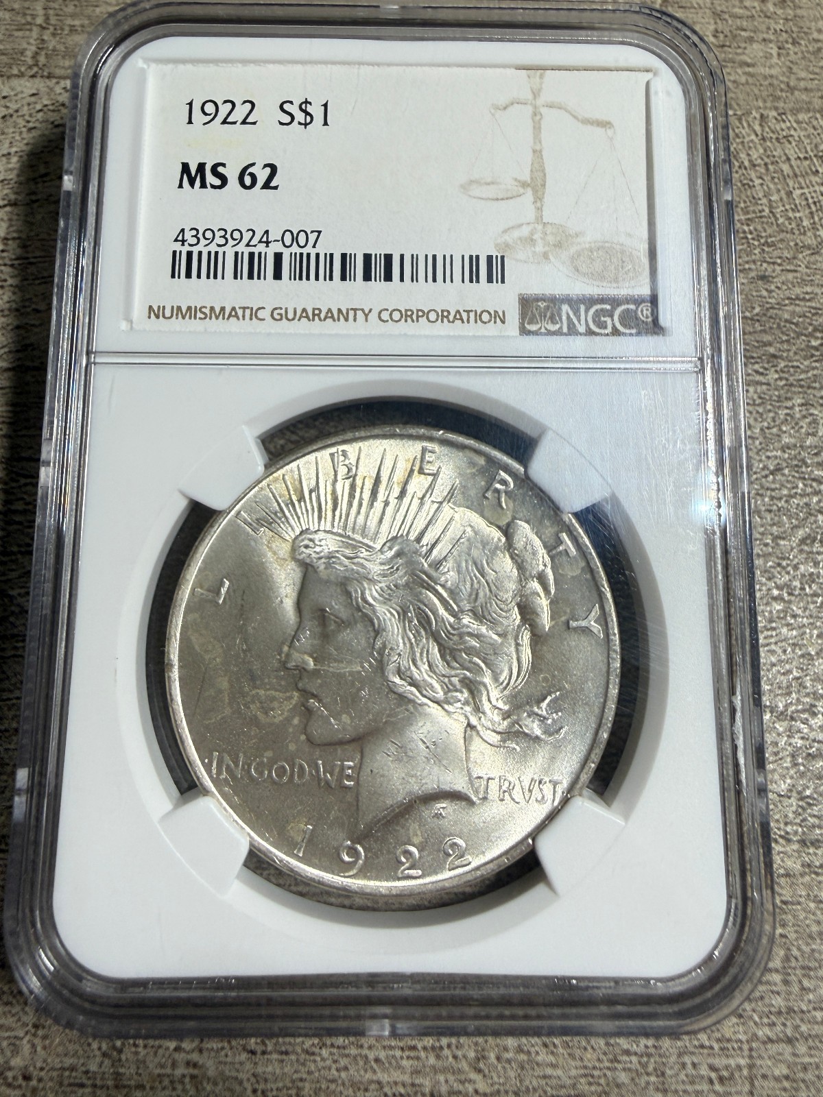 1922 P Peace Silver Dollar Graded by NGC MS62 Philadelphia Mint