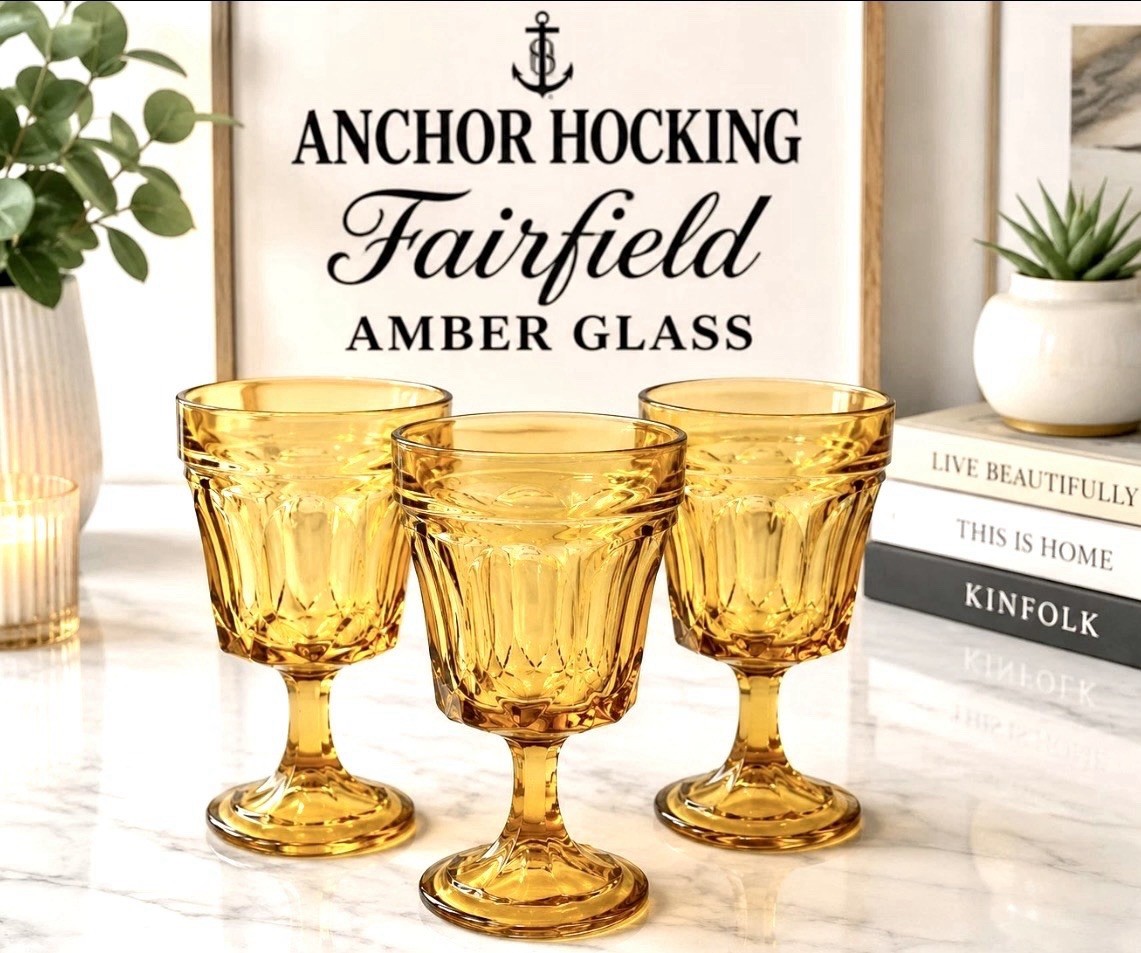 VTG Anchor Hocking Fairfield Amber Glass Goblets Thumbprint Wine Water Set of 3